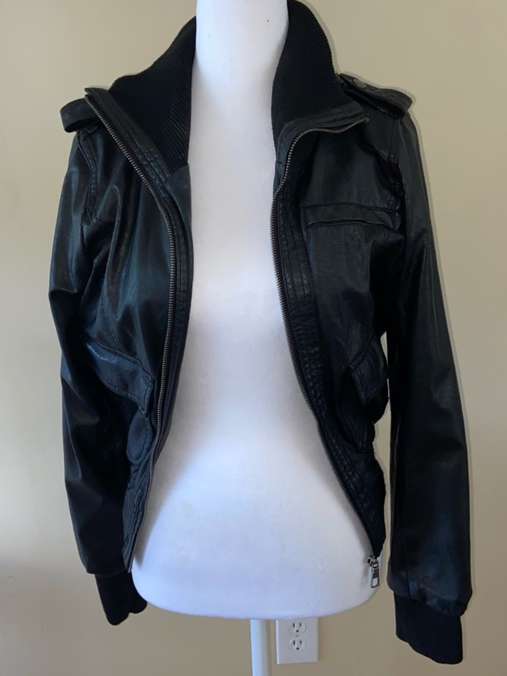 Women's Black Faux Leather Bomber Jacket